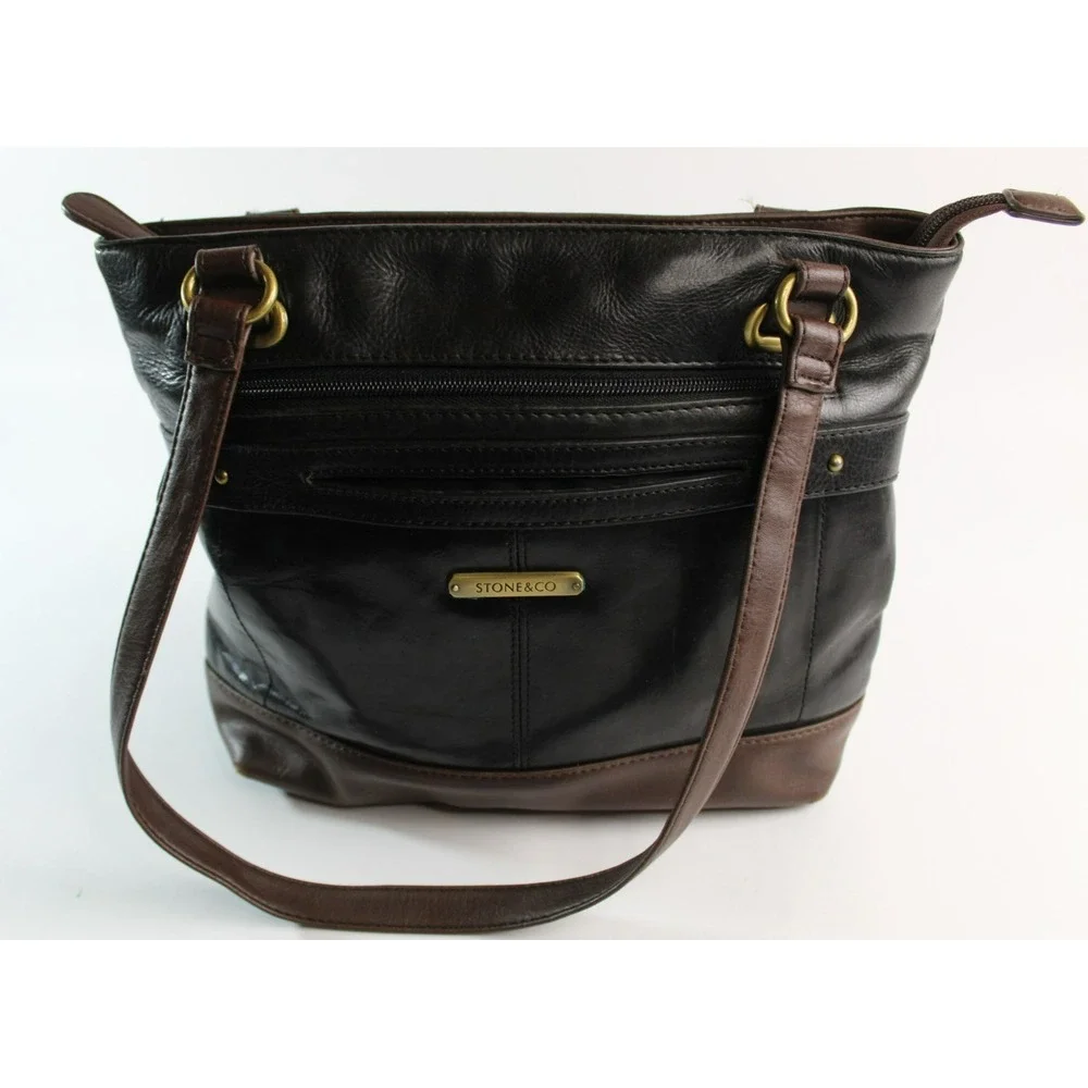 STONE & CO BLACK LEATHER SHOULDER HANDBAG MULTIPLE ZIPPER POCKETS
